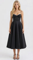 Amity | Sweetheart Midi Dress – Evening Spaghetti Strap Bust Cups Flared Skirt