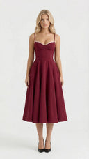 Amity | Sweetheart Midi Dress – Evening Spaghetti Strap Bust Cups Flared Skirt
