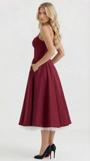 Amity | Sweetheart Midi Dress – Evening Spaghetti Strap Bust Cups Flared Skirt