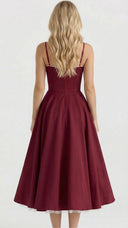 Amity | Sweetheart Midi Dress – Evening Spaghetti Strap Bust Cups Flared Skirt