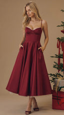 Amity | Sweetheart Midi Dress – Evening Spaghetti Strap Bust Cups Flared Skirt