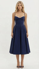 Amity | Sweetheart Midi Dress – Evening Spaghetti Strap Bust Cups Flared Skirt