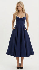 Amity | Sweetheart Midi Dress – Evening Spaghetti Strap Bust Cups Flared Skirt
