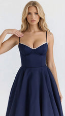Amity | Sweetheart Midi Dress – Evening Spaghetti Strap Bust Cups Flared Skirt