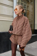 Analia | Houndstooth Two Piece Set – Zip Jacket High Neck Long Sleeve Shorts