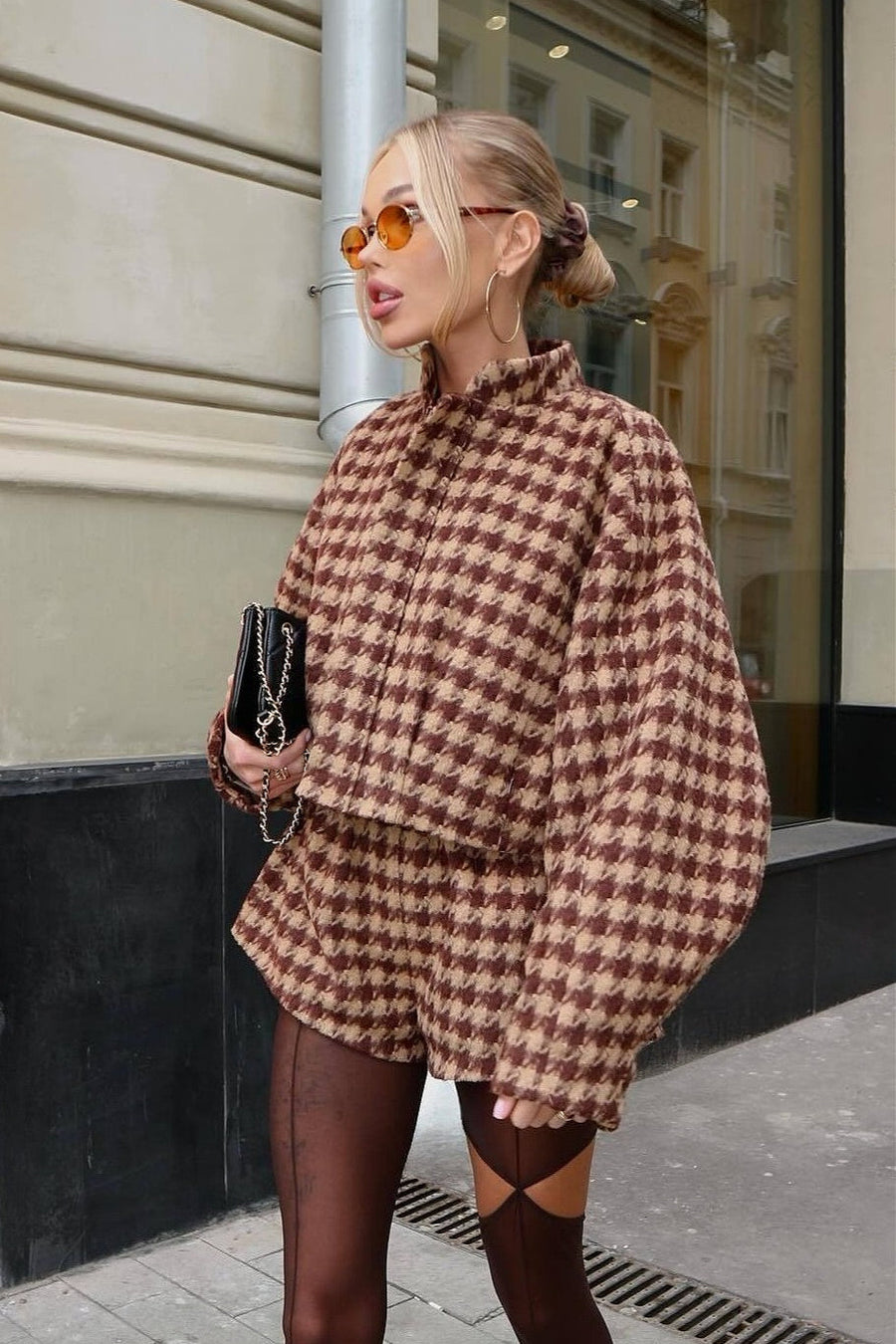 Analia | Houndstooth Two Piece Set – Zip Jacket High Neck Long Sleeve Shorts