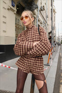 Analia | Houndstooth Two Piece Set – Zip Jacket High Neck Long Sleeve Shorts
