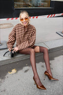 Analia | Houndstooth Two Piece Set – Zip Jacket High Neck Long Sleeve Shorts