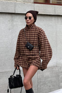 Analia | Houndstooth Two Piece Set – Zip Jacket High Neck Long Sleeve Shorts