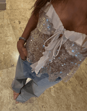 Andrea | Sequin Sleeveless Top – Sheer Ruffle Trim Tie Front Going Out Party Top