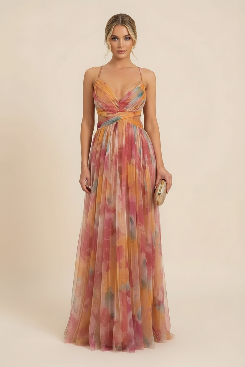 Angela | Floral Tulle Maxi – V Neck Spaghetti Strap Twist Waist Wedding Guest Prom Dress