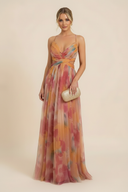 Angela | Floral Tulle Maxi – V Neck Spaghetti Strap Twist Waist Wedding Guest Prom Dress