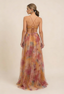 Angela | Floral Tulle Maxi – V Neck Spaghetti Strap Twist Waist Wedding Guest Prom Dress