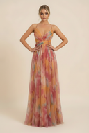 Angela | Floral Tulle Maxi – V Neck Spaghetti Strap Twist Waist Wedding Guest Prom Dress