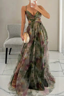 Angela | Floral Tulle Maxi – V Neck Spaghetti Strap Twist Waist Wedding Guest Prom Dress