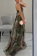 Angela | Floral Tulle Maxi – V Neck Spaghetti Strap Twist Waist Wedding Guest Prom Dress