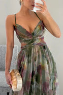 Angela | Floral Tulle Maxi – V Neck Spaghetti Strap Twist Waist Wedding Guest Prom Dress