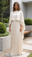 Aniya | Cape Sleeve Pleated Maxi Dress – Boat Neck Formal Wedding Guest Gown