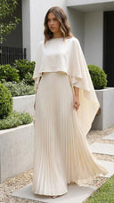 Aniya | Cape Sleeve Pleated Maxi Dress – Boat Neck Formal Wedding Guest Gown