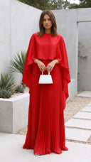 Aniya | Cape Sleeve Pleated Maxi Dress – Boat Neck Formal Wedding Guest Gown