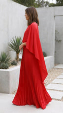 Aniya | Cape Sleeve Pleated Maxi Dress – Boat Neck Formal Wedding Guest Gown