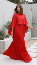 Aniya | Cape Sleeve Pleated Maxi Dress – Boat Neck Formal Wedding Guest Gown