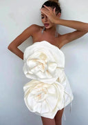 Anna | Satin Strapless Mini – Oversized 3D Rose Flower Front Party Cocktail Dress