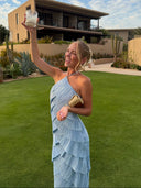Annabel | Pleated Tiered Maxi Dress – Halter Neck Sleeveless Wedding Guest