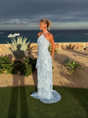 Annabel | Pleated Tiered Maxi Dress – Halter Neck Sleeveless Wedding Guest