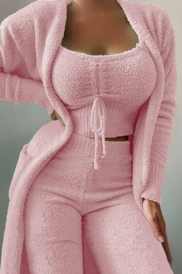 Anneliese | Fuzzy Three Piece Lounge Set – Crop Top Cardigan Wide Leg Pants