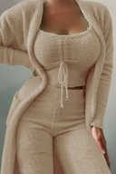 Anneliese | Fuzzy Three Piece Lounge Set – Crop Top Cardigan Wide Leg Pants