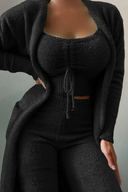 Anneliese | Fuzzy Three Piece Lounge Set – Crop Top Cardigan Wide Leg Pants
