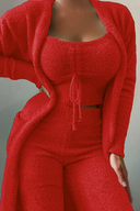 Anneliese | Fuzzy Three Piece Lounge Set – Crop Top Cardigan Wide Leg Pants
