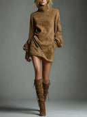 Annora | Suede Effect Mini Dress – Casual High Neck Long Sleeve Utility Pockets