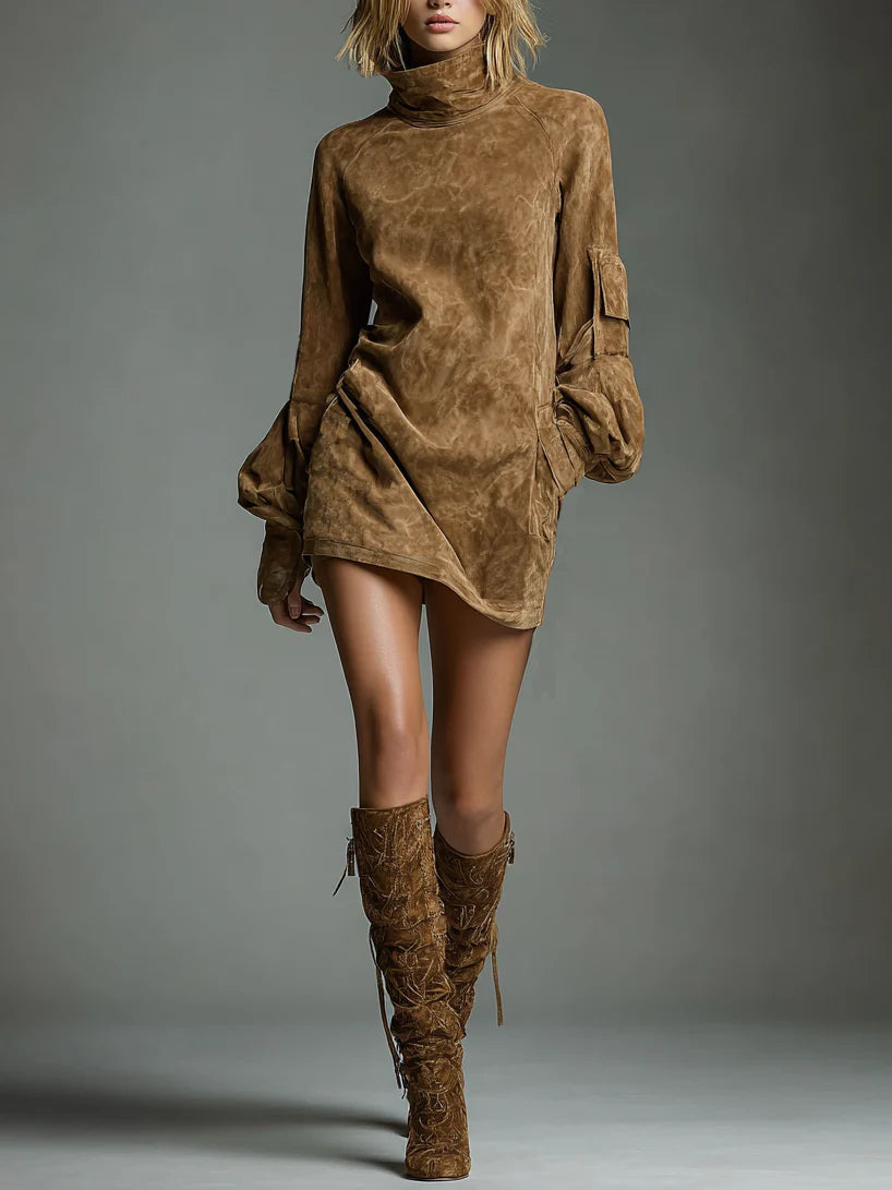 Annora | Suede Effect Mini Dress – Casual High Neck Long Sleeve Utility Pockets