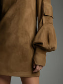 Annora | Suede Effect Mini Dress – Casual High Neck Long Sleeve Utility Pockets