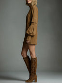 Annora | Suede Effect Mini Dress – Casual High Neck Long Sleeve Utility Pockets