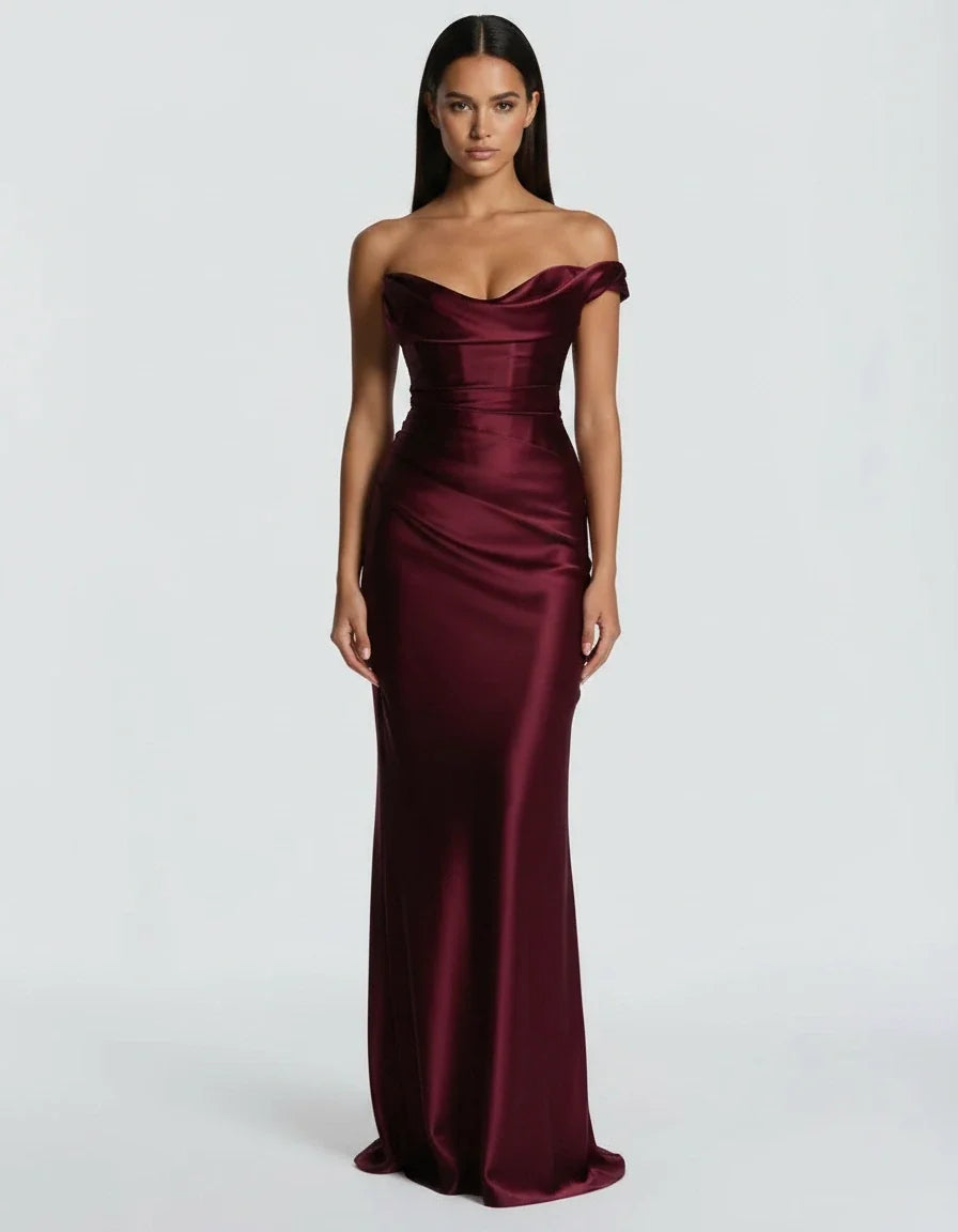 Anouk | Satin Maxi Dress – Evening One Shoulder Draped Neck Ruched Front