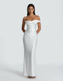 Anouk | Satin Maxi Dress – Evening One Shoulder Draped Neck Ruched Front