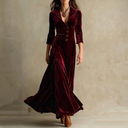 Anthea | Vintage Solid Maxi Dress – Evening Velvet V Neck Button Front