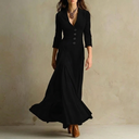 Anthea | Vintage Solid Maxi Dress – Evening Velvet V Neck Button Front