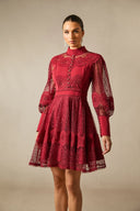 Arden | Lace Mini Dress – High Neck Puff Sleeve Button Front Cocktail