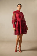 Arden | Lace Mini Dress – High Neck Puff Sleeve Button Front Cocktail