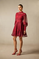 Arden | Lace Mini Dress – High Neck Puff Sleeve Button Front Cocktail