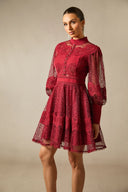 Arden | Lace Mini Dress – High Neck Puff Sleeve Button Front Cocktail