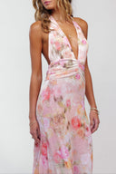 Ariadne | Floral Halter Plunge Maxi Dress – Ruched Waist Open Back Wedding Guest Gown