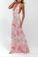 Ariadne | Floral Halter Plunge Maxi Dress – Ruched Waist Open Back Wedding Guest Gown