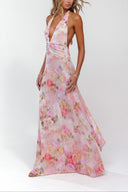 Ariadne | Floral Halter Plunge Maxi Dress – Ruched Waist Open Back Wedding Guest Gown