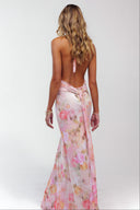 Ariadne | Floral Halter Plunge Maxi Dress – Ruched Waist Open Back Wedding Guest Gown