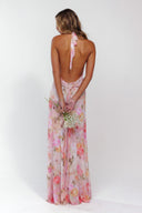 Ariadne | Floral Halter Plunge Maxi Dress – Ruched Waist Open Back Wedding Guest Gown